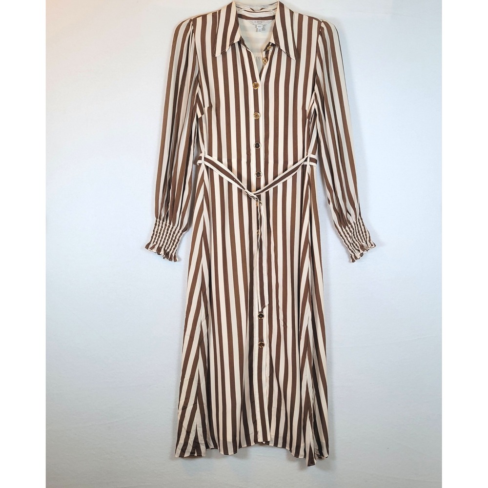 LK Bennett Womens Emelia Striped Silk Belted Midi Shirt Dress Size 6 Brown Mod